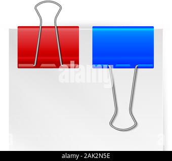 White paper note with two metal binder clips. Realistic vector illustration. Red and blue paper holders. Design mockup. Stock Vector