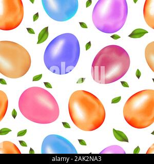Happy Easter egg vector illustration. Realistic 3d seamless pattern with color real eggs anld leaves. Greeting color wrapping background. Stock Vector