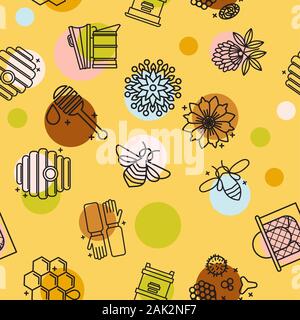 Honey seamless pattern with cute flying bees, hex comb, Stock Vector