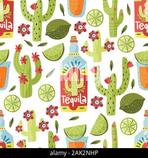 Tequila drink vector seamless pattern. Mexican alcohol traditional short with lime cactus and flowers. Stock Vector