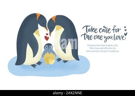 Happy valentine day vector textured animal card in a flat style with quote and real facts about love. Romantic illustration. Penguin family take care of a baby. Stock Vector