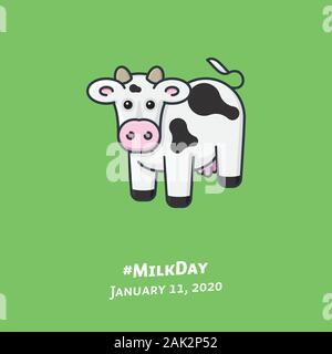 Cute Holstein Cow illustration for #MilkDay on January 11. Cattle, dairy and agriculture color vector symbol. Stock Vector