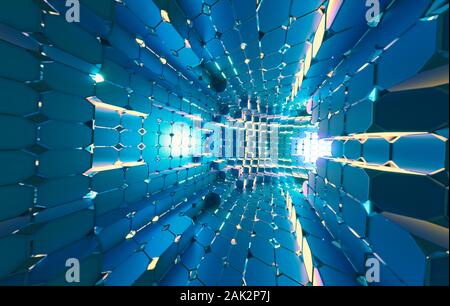 3d generated curved light tube with glowing cubes. Stock Photo
