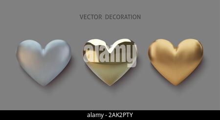 Set Realistic 3d gold and silver heart. Happy Valentines Day greeting card. Love and wedding. Graphic element for design. Vector illustration Stock Vector