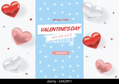 Valentine s day sale background. Romantic composition with hearts, beads. Vector illustrations for website, posters, advertising, coupons Stock Vector