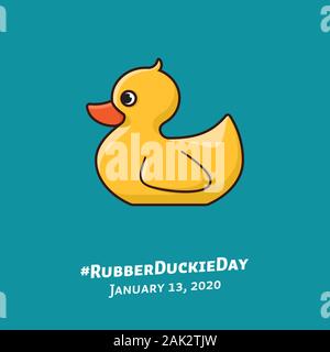 Yellow bath toy duck illustration for #RubberDuckieDay on January 13. Baby toy color vector symbol Stock Vector