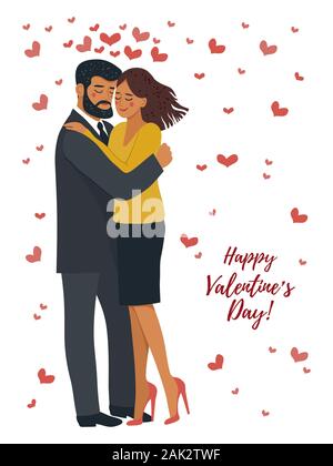 Isolated on white background hugging couple in love with many hearts. Cute valentines day vector illustration Stock Vector