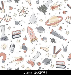 Science flat seamless pattern with scientific elements - molecule, atom structure, rocket, books, water and other on one simple educational and school Stock Vector