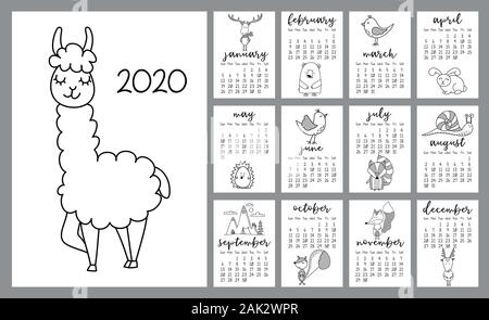 Llama and forest animals calendar for 2020 year. Cute  design, printable planner of 12 months with cute mouse. Week starts on Sunday. Standard size, r Stock Vector