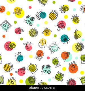 Honey seamless pattern with cute flying bees, hex comb, Stock Vector