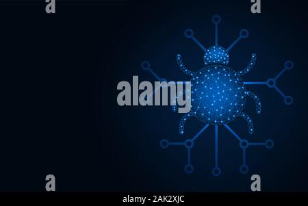 Computer virus low poly design, bug wireframe mesh polygonal vector illustration made from points and lines on dark blue background Stock Vector