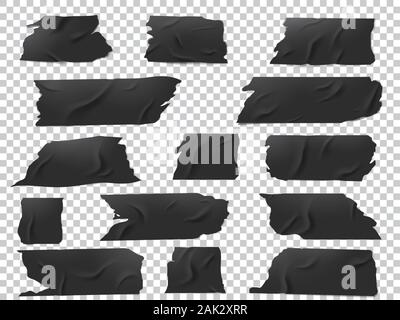 Realistic vector set of pieces of black adhesive tape of various lengths and shapes. Stock Vector