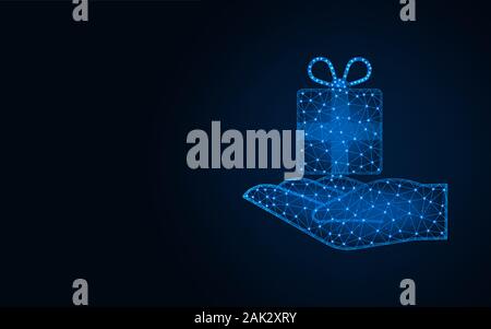 Hand holds a gift low poly design, present wireframe mesh polygonal vector illustration made from points and lines on dark blue background Stock Vector
