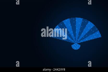 Hand fan low poly design, wireframe mesh polygonal vector illustration made from points and lines on dark blue background Stock Vector