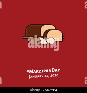 Chocolate covered Marzipan loaf and almonds illustration for #MarzipanDay on January 12. Sweet food color vector symbol. Stock Vector
