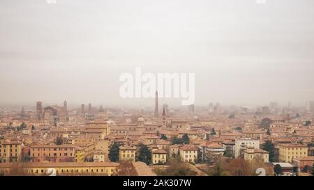 The medieval city of Bolona in foggy weather –panoranic view – Bologna, Emilia Romagna, Italy. Stock Photo