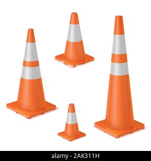 Orange realistic road plastic white striped shiny cone. Stock Vector