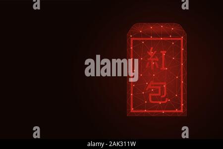 Chinese envelope low poly design, wireframe mesh polygonal vector illustration made from points and lines on dark background Stock Vector