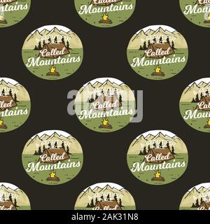 Camping seamless pattern with adventure badges. Travel wallpaper background. Stock vector Stock Vector