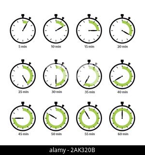 Set of simple timers. Set of clock count elements. Five minutes step Stock Vector