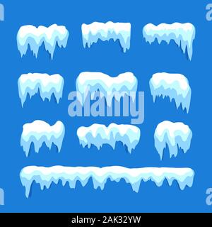 Melt snow, blue frozen water, icicles collection. Winter decoration, new year decor. Isolated objects set, vector illustration. Stock Vector