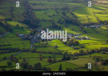 The village of Dent in the valley of Dentdale viewed from Aye Gill Pike. Stock Photo