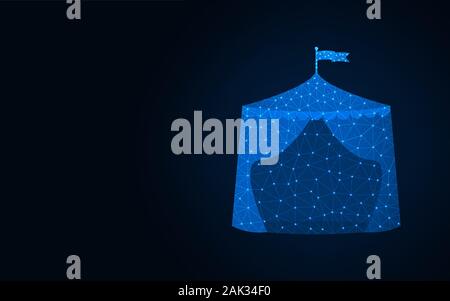 Tent low poly design, wireframe mesh polygonal vector illustration made from points and lines on dark blue background Stock Vector