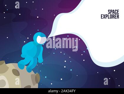 Astronaut Astronaut walking on the Moon or Asteroid. Space exlorer man in blue space suit in deep space, web banner. Vector Astronaut Standing on some Stock Vector