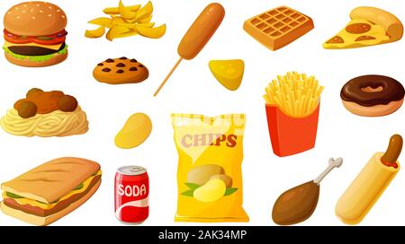 Vector illustration of various unhealthy fast food items isolated on white background. Stock Vector