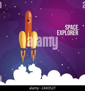 Vector cartoon illustration of launching rocket, flying in space. Explorer, start up, new beginning and new launch of business product on a market Stock Vector