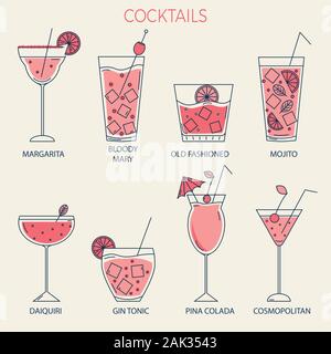 Set of linear style glasses with cocktails in pink tones. Template for design, modern trendy simple style vector illustration Stock Vector