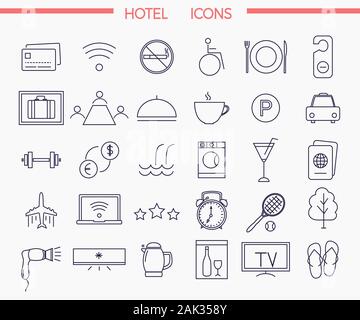 Set of modern trendy style thin line icons for illustrating hotel services and amenities, vector illustration Stock Vector