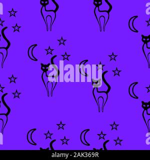 Abstract cats at night with moon and stars. Vector seamless illustration. Stock Vector