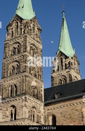 View of the towers of the Bamberg Cathedral St. Peter and St. Georg in the Old Town of Bamberg in Bavaria, Germany. Since 1993 the Old Town of Bamberg