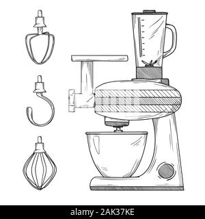 Food processor with different nozzles isolated on white background. Vector illustration in sketch style Stock Vector