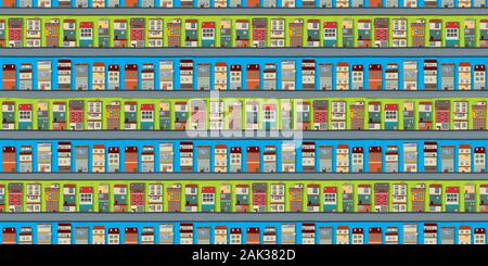 Seamless houses vector pattern, city background. Stock Vector