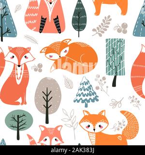 Seamless pattern with foxes and different elements. Illustration hand drawn in scandinavian style. Stock Vector