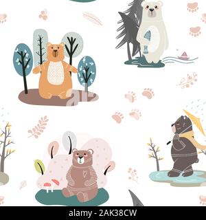 Seamless pattern with cute bears and different elements. Vector illustration in scandinavian style. Stock Vector