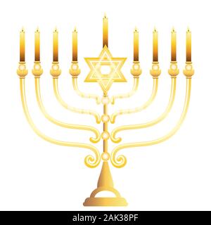 Jewish golden menorah with candles for Hanukkah, Jewish festival of lights decoration symbol. Stock Vector