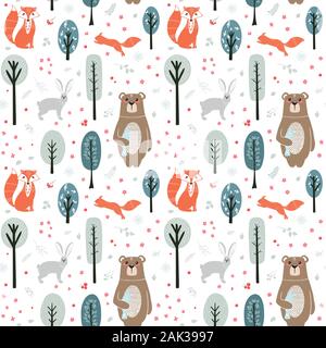 Seamless pattern. Cute animals on the background of the forest, trees, plants. Bear, Fox, Squirrel, Hare. Forest Animals. Vector illustrations in the Stock Vector