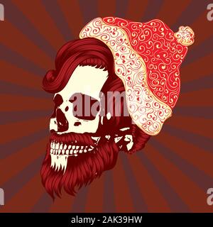 Christmas skull with modern hairstyle and beard wears santa cap illustration. Stock Vector