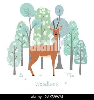 Cute deer, doe, roe deer on the background of a tree, plant, bush. Vector illustration in the Scandinavian style. Stock Vector