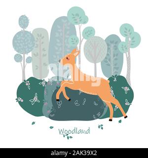 Cute deer, doe, roe deer on the background of a tree, plant, bush. Vector illustration in the Scandinavian style. Stock Vector