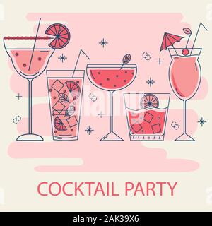 Set of linear style glasses of different shape with cocktails in pink color. Cocktail party invitation concept template, vector illustration Stock Vector