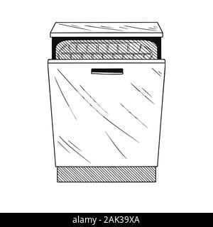 Dishwasher isolated on white background. Vector illustration of a sketch style. Stock Vector