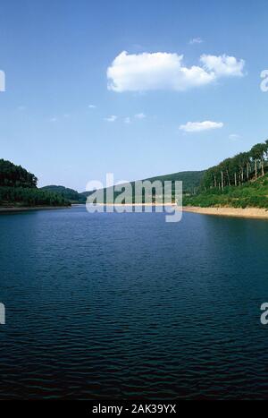View of the Nonnweiler Storage Lake near Nonnweiler in the federal state of the Saarland. The Saarland is located in the southwest of Germany and bord Stock Photo