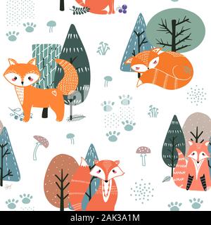Seamless pattern with foxes and different elements. Illustration hand drawn in scandinavian style. Stock Vector