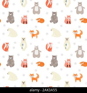 Seamless pattern with cute bears, foxs and different elements. Vector illustration in scandinavian style. Stock Vector