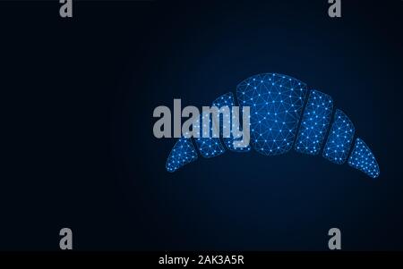 Croissant low poly design, Bakery products wireframe mesh polygonal vector illustration made from points and lines on dark blue background Stock Vector