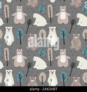 Seamless pattern with cute bears and different elements. Vector illustration in scandinavian style. Stock Vector